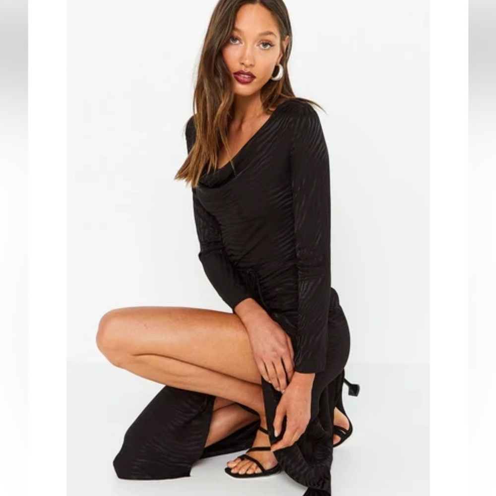 MOSSMAN TAKE BACK THE NIGHT BLACK DRESS long Elegant slit  Long Sleeve 4 - Picture 4 of 12